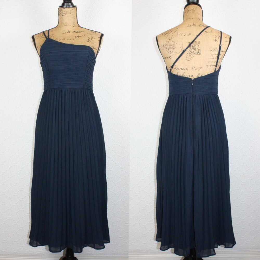 NWOT Lulus Wondrous Muse Navy Blue Pleated One-Shoulder Midi Dress